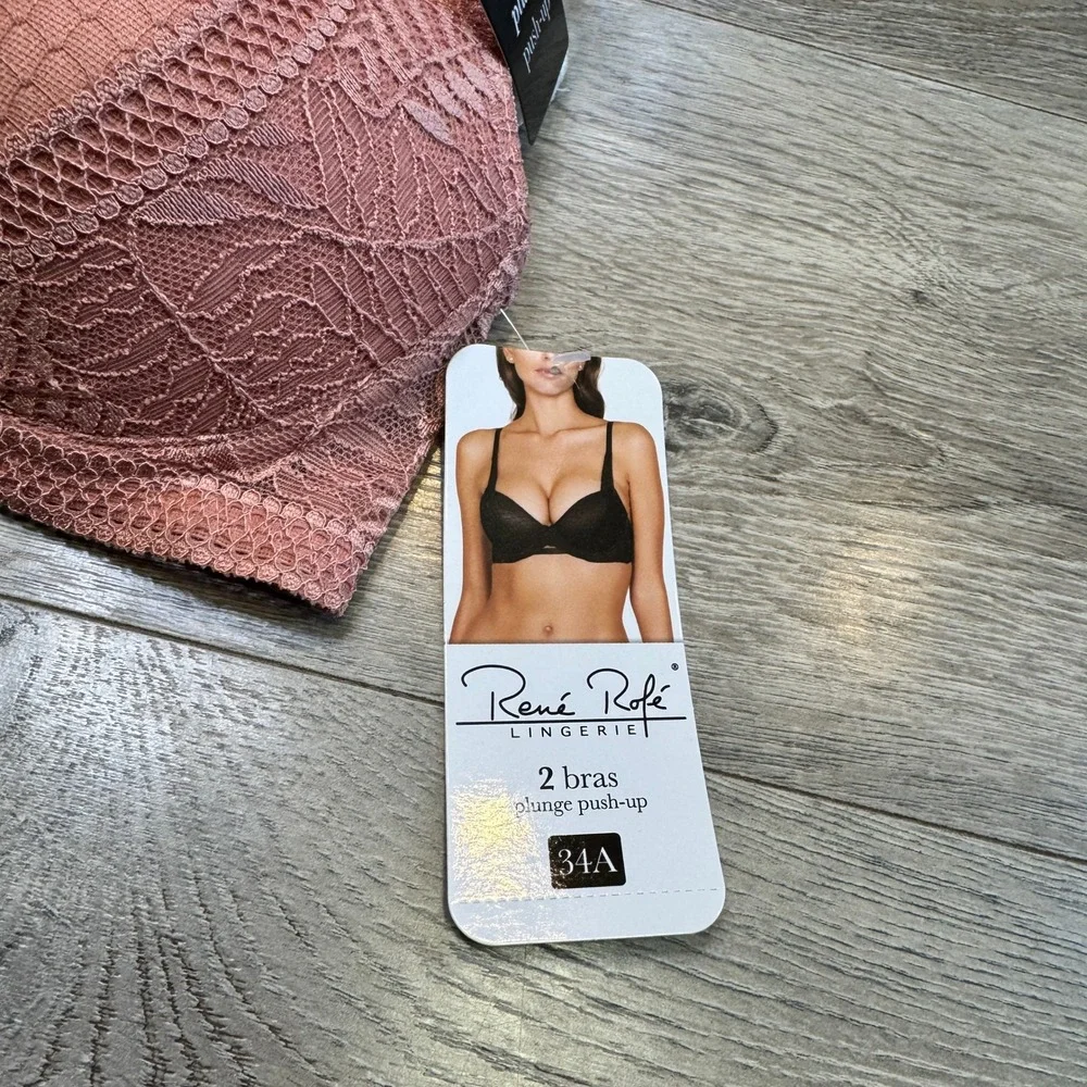 NWT Rene Rofe Lingerie 2 Pack Plunge Push Up Bras Rose Ivory Lace 34A - Picture 4 of 6
